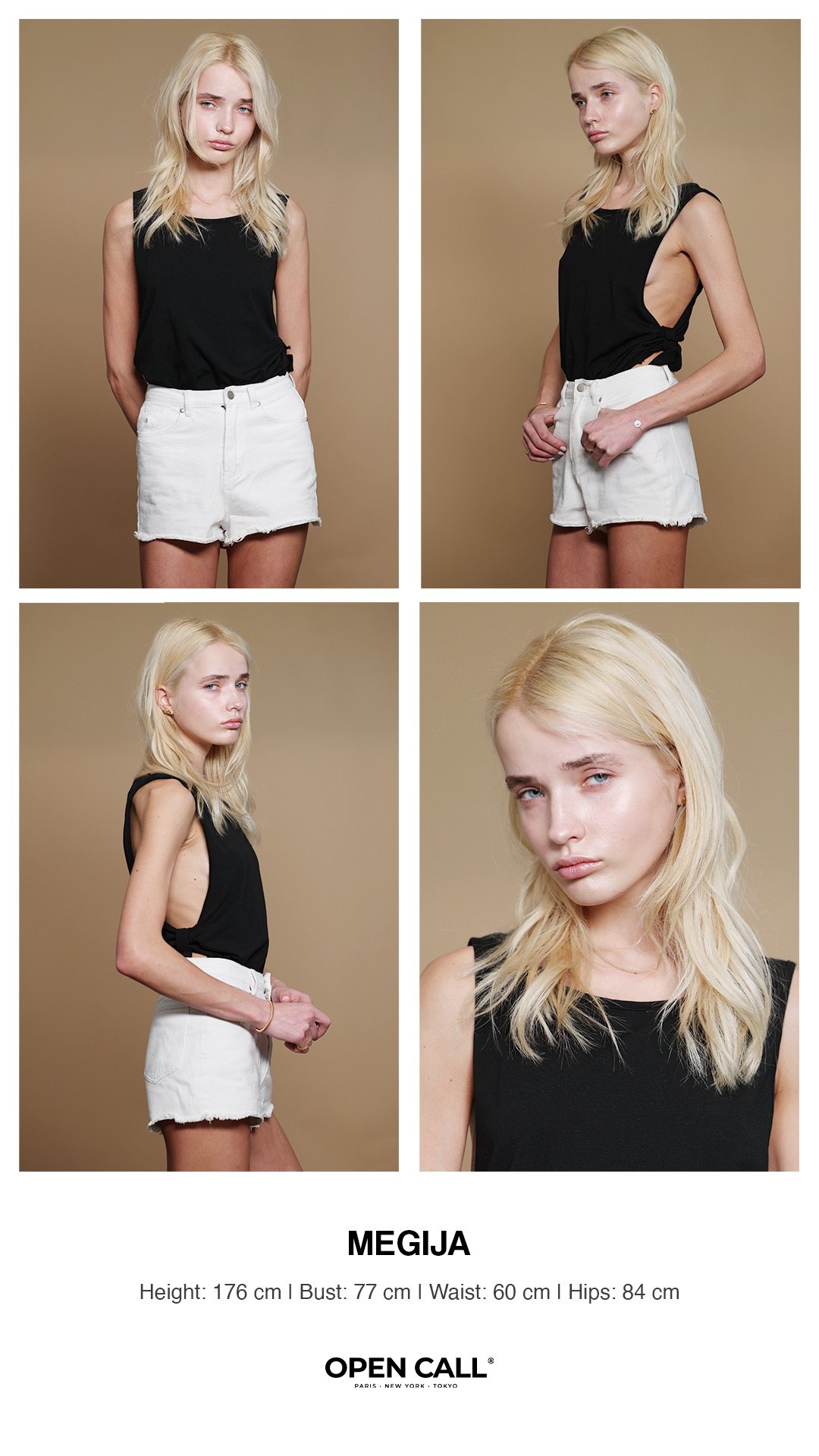 Sample Open Call comp card: four polaroids of a participant, her first name and measurements.
